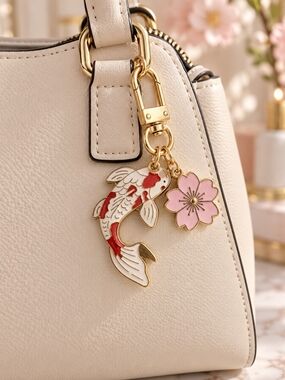 Gold-Tone Koi Fish & Cherry Blossom Purse Bag Charm New
